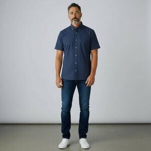 Buttercloth Mens 3XL Tall Fit Navy Geo Print Short Sleeve Button Up Shirt EUC